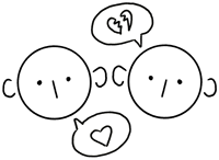 Two heads. The one on the left has a speech bubble with a heart. The one on the right has a speech bubble with a broken heart.