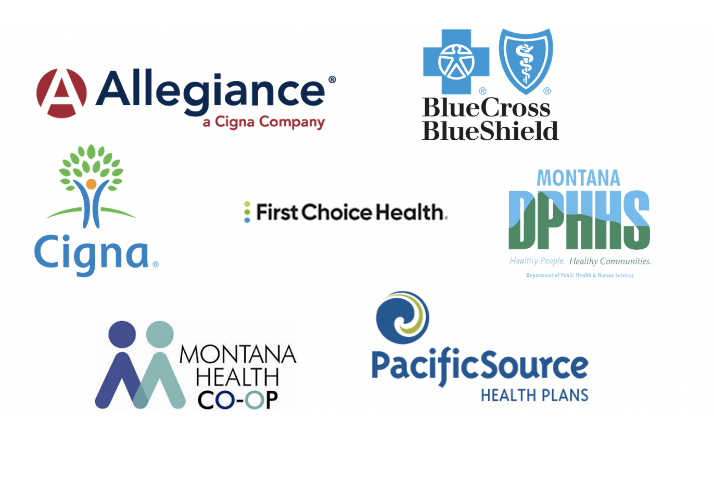Logos for Allegiance, BlueCross Blueshield, Cigna, First Choice Health, Montana DPHHS, Montana Health Co-op, and PacificSource Health Plans.