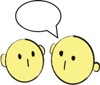 Simple illustration of two faces, one appearing to talk to the other, with a blank speech bubble above them.